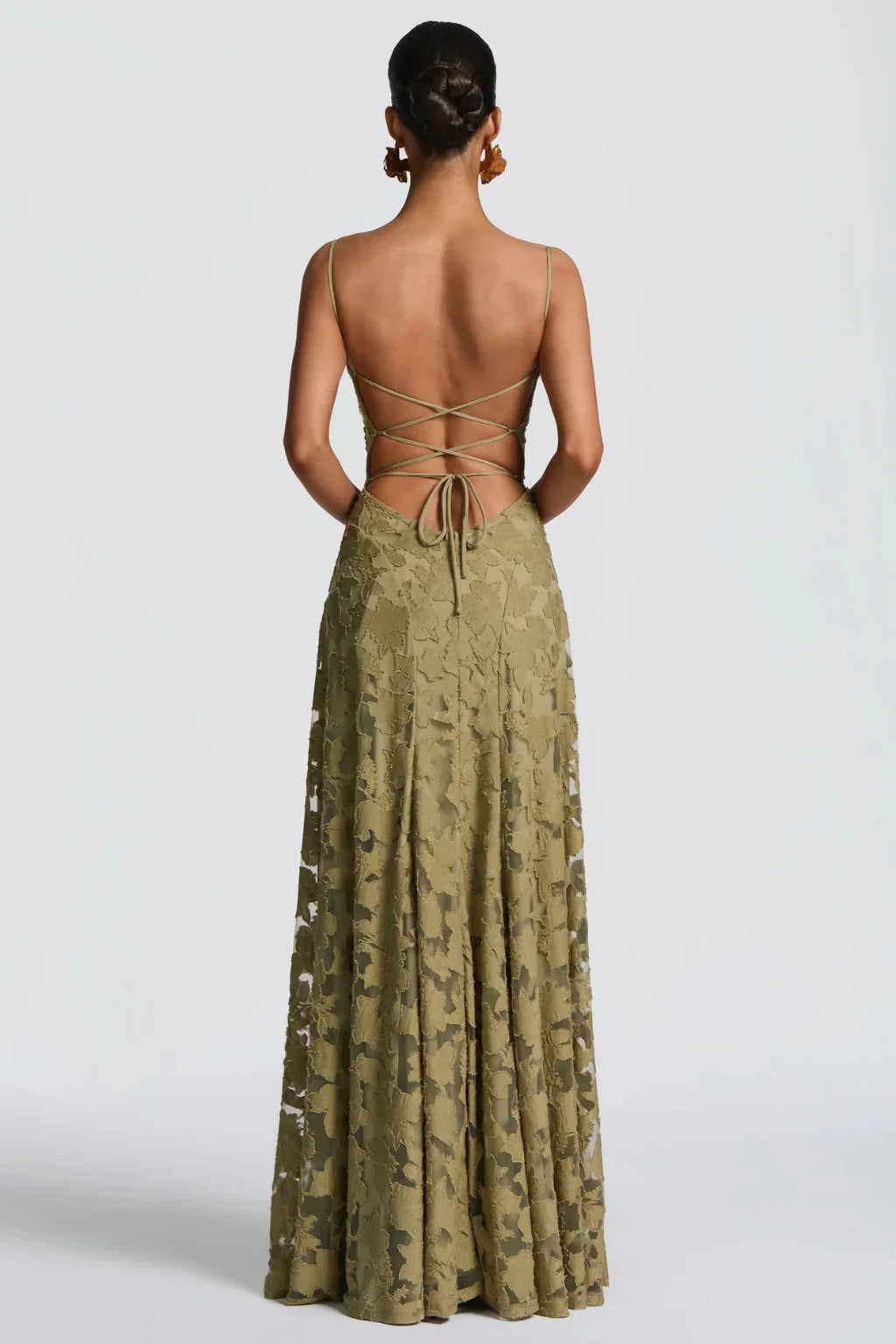 Ava | Lace Up Floral Brocade Wedding Guest Maxi Dress with Cami Straps Back