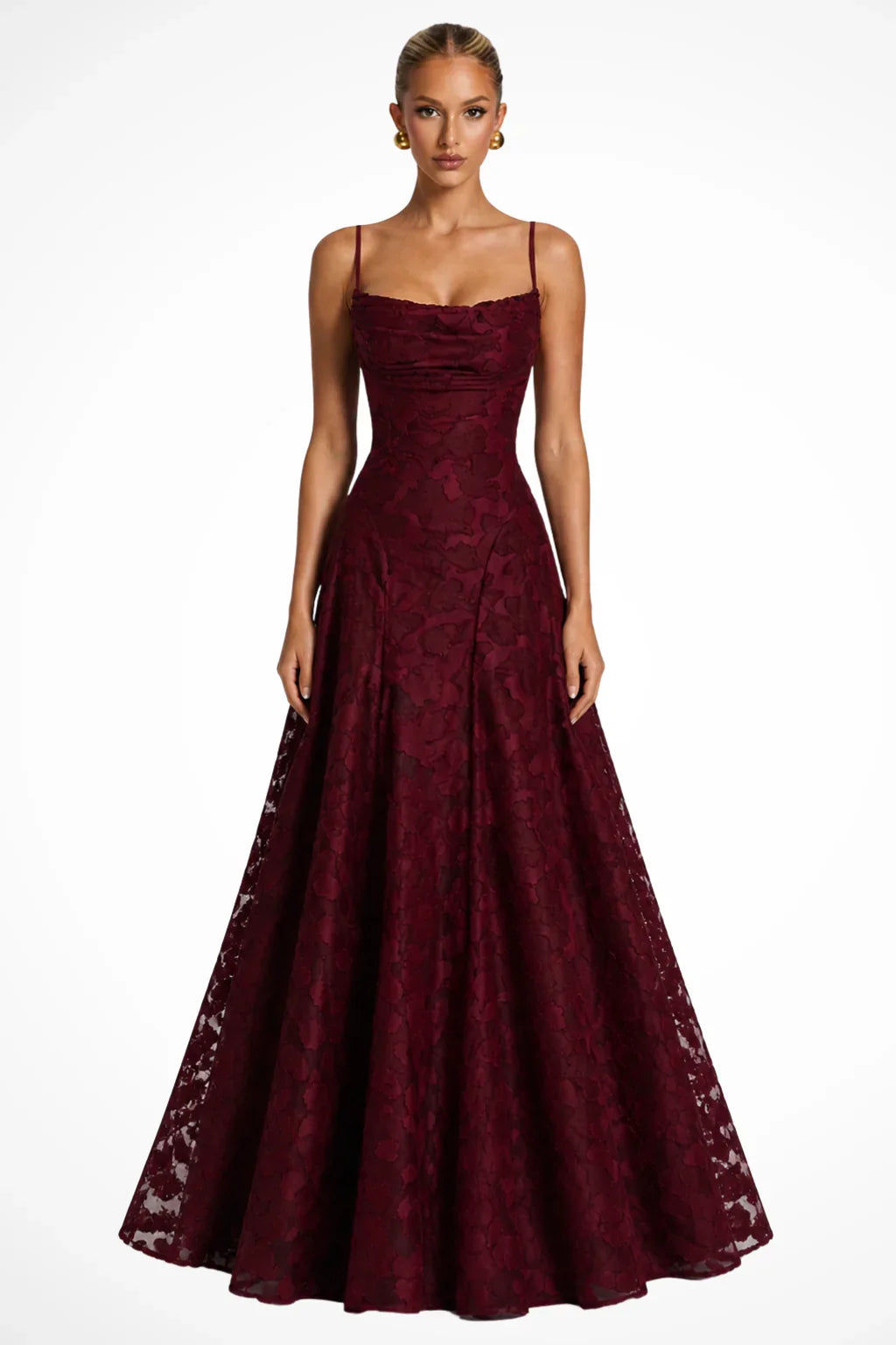 Ava | Lace Up Floral Brocade Wedding Guest Maxi Dress with Cami Straps Back