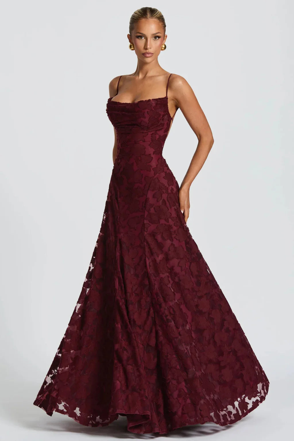 Ava | Lace Up Floral Brocade Wedding Guest Maxi Dress with Cami Straps Back