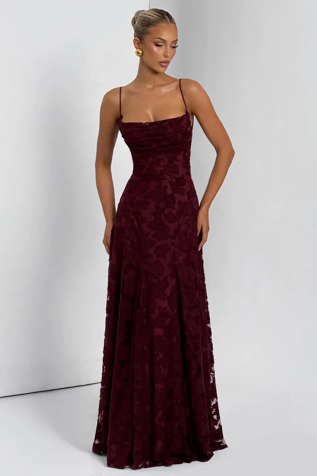 Ava | Lace Up Floral Brocade Wedding Guest Maxi Dress with Cami Straps Back