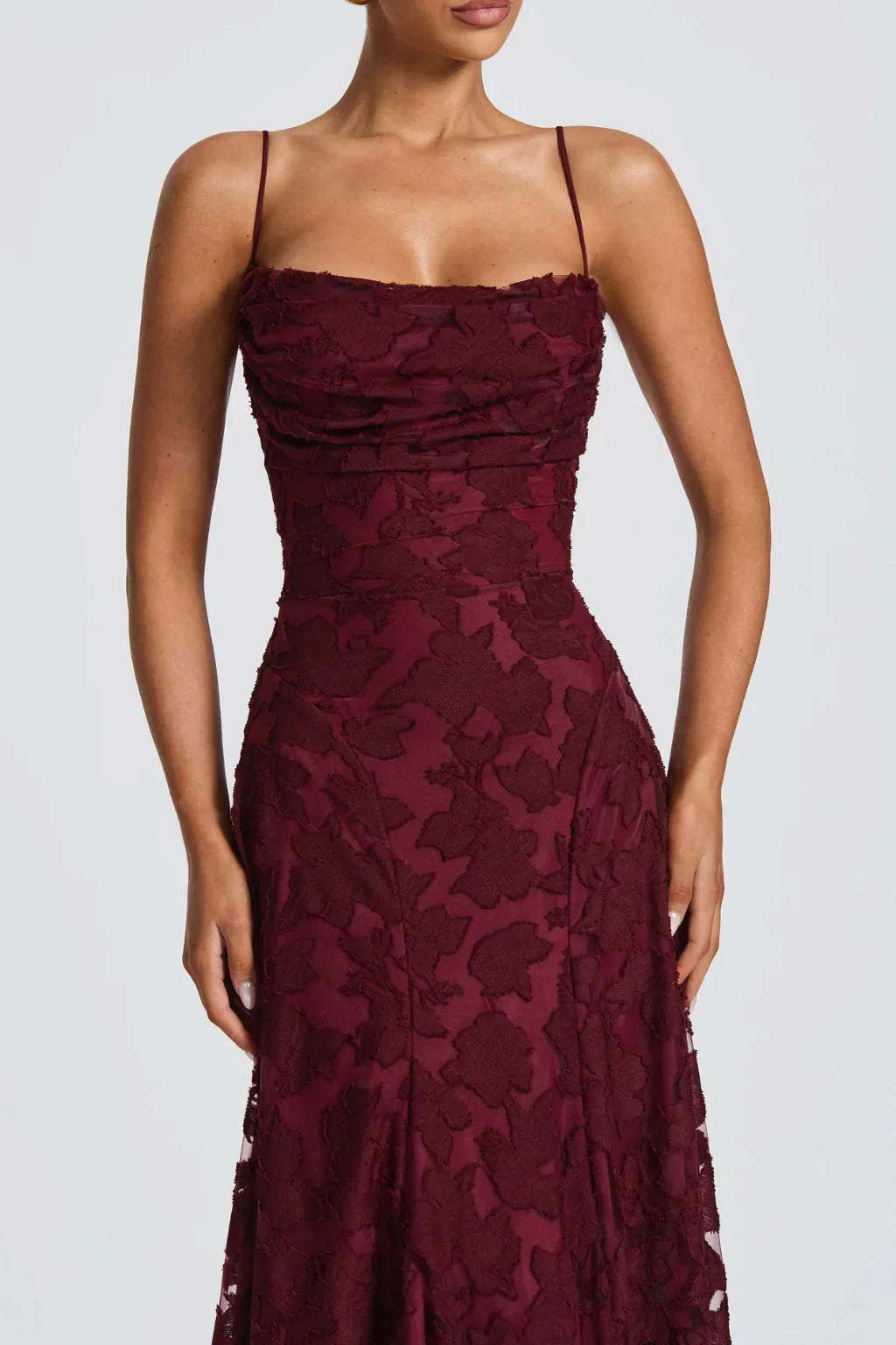 Ava | Lace Up Floral Brocade Wedding Guest Maxi Dress with Cami Straps Back
