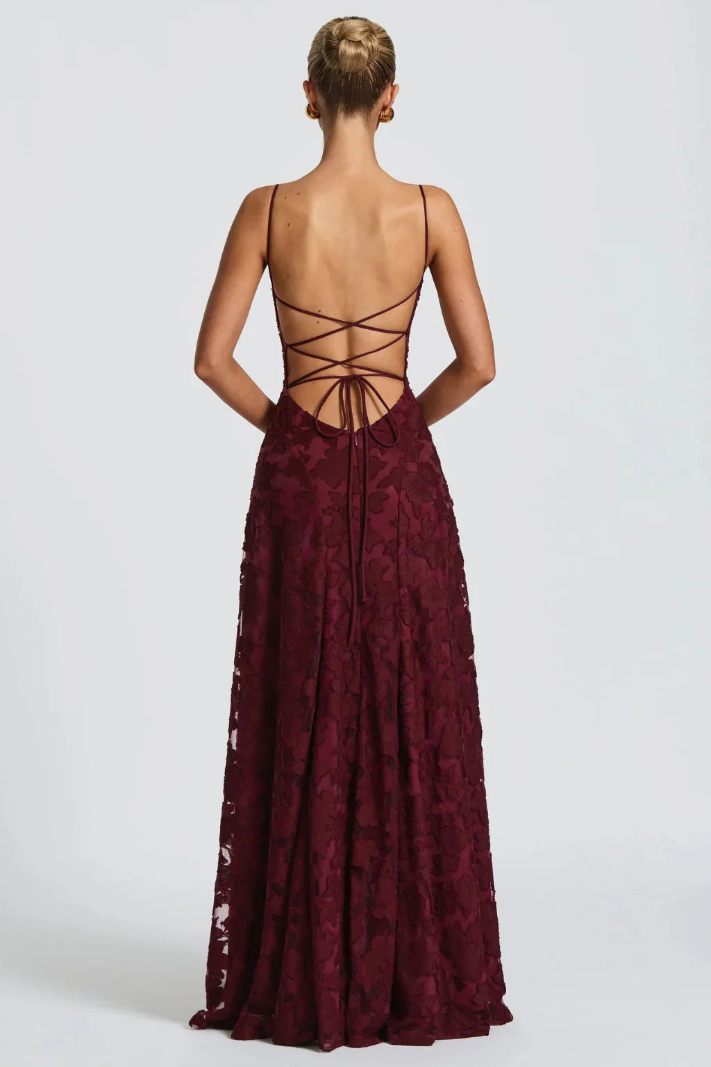 Ava | Lace Up Floral Brocade Wedding Guest Maxi Dress with Cami Straps Back