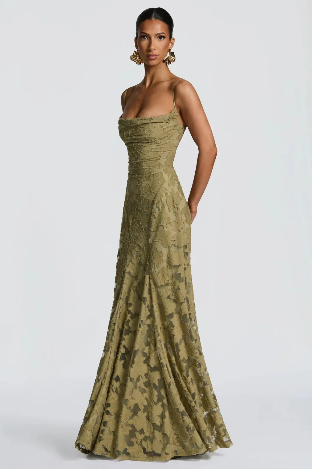 Ava | Lace Up Floral Brocade Wedding Guest Maxi Dress with Cami Straps Back