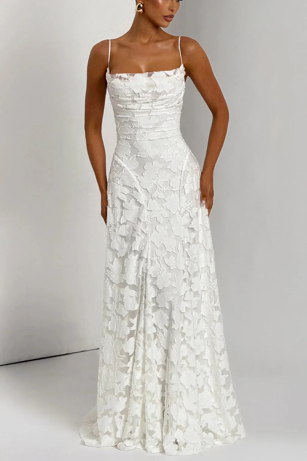 Ava | Lace Up Floral Brocade Wedding Guest Maxi Dress with Cami Straps Back