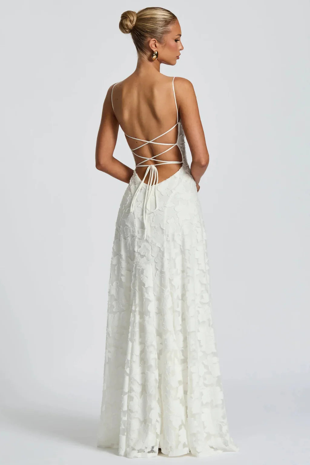 Ava | Lace Up Floral Brocade Wedding Guest Maxi Dress with Cami Straps Back