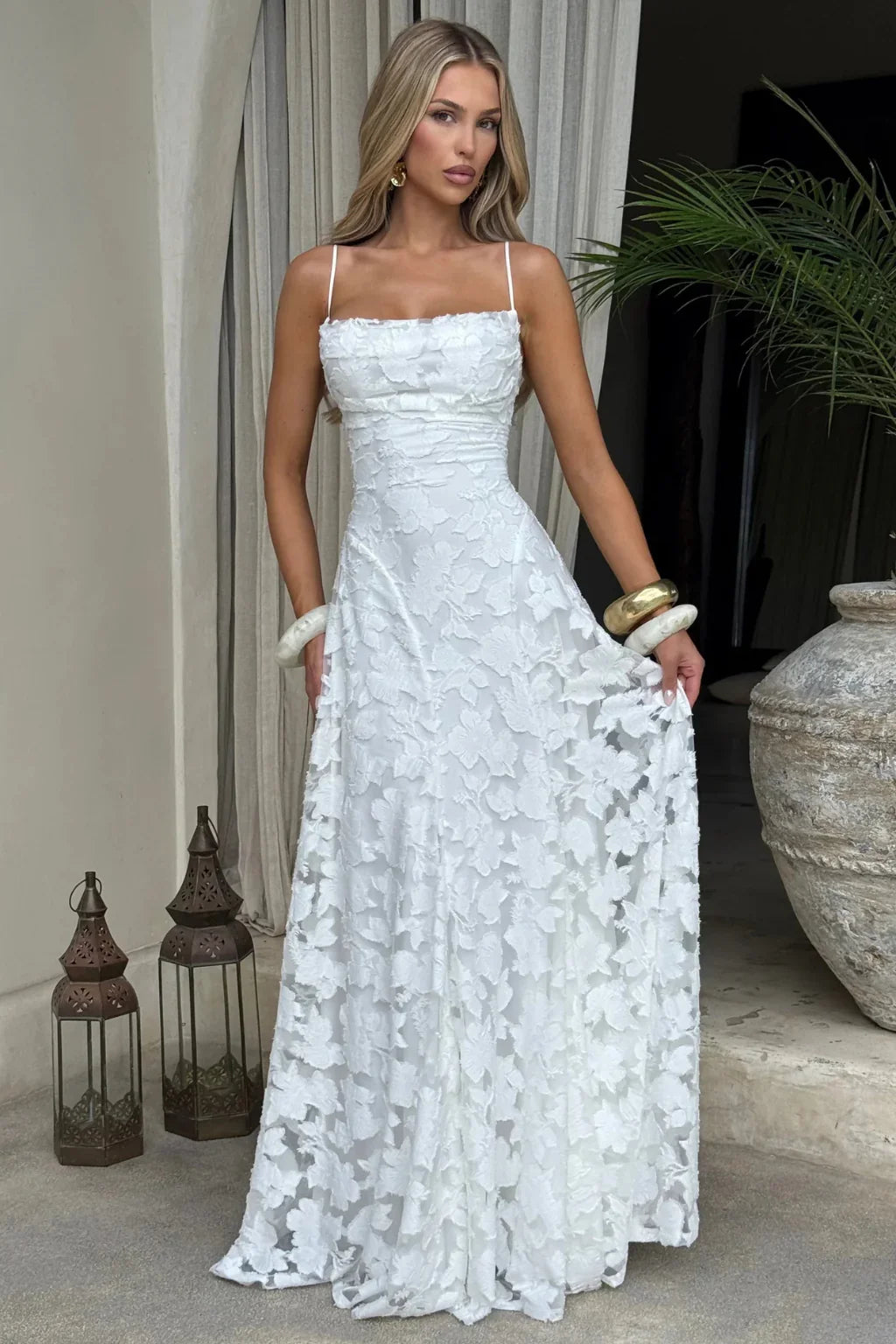 Ava | Lace Up Floral Brocade Wedding Guest Maxi Dress with Cami Straps Back