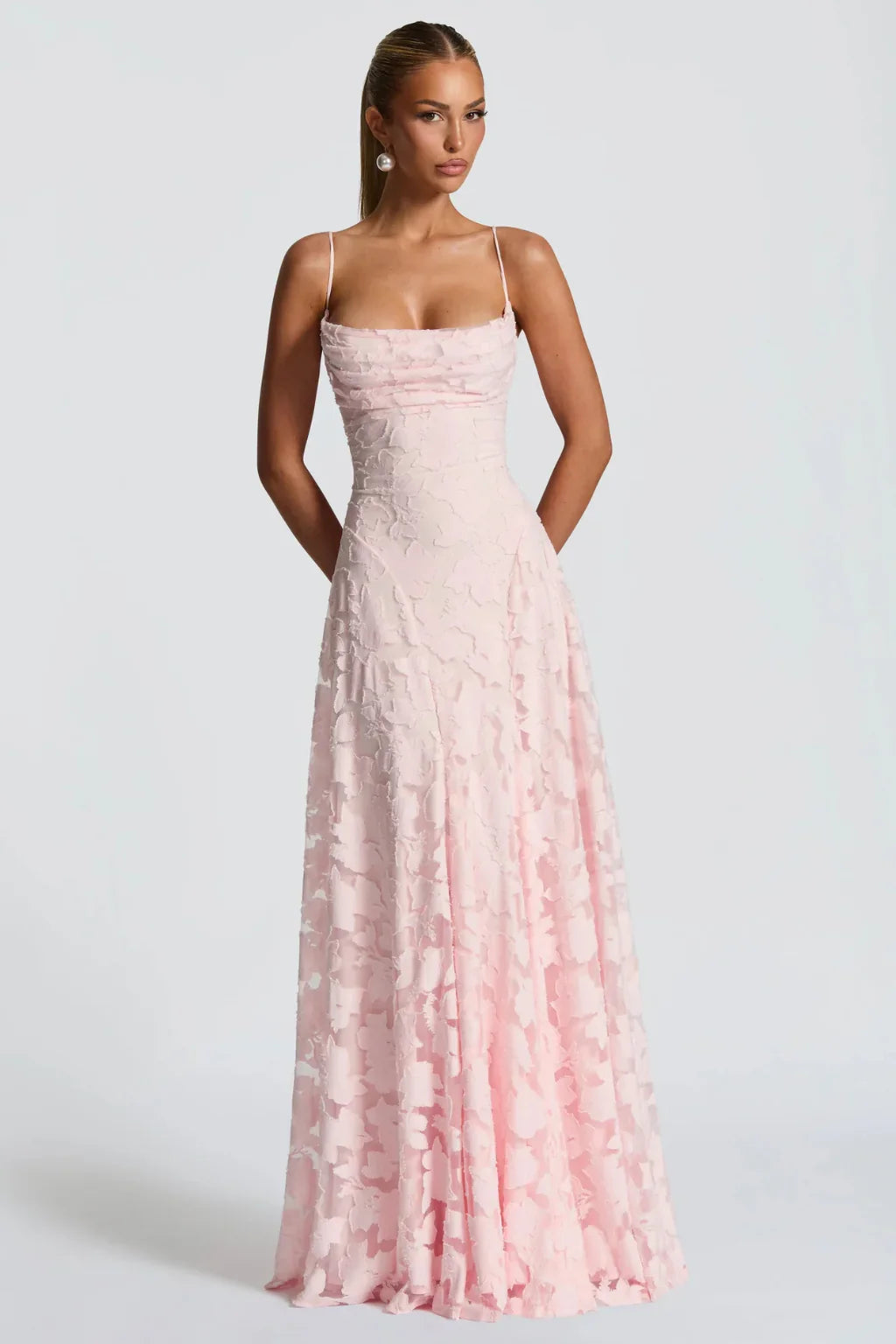 Ava | Lace Up Floral Brocade Wedding Guest Maxi Dress with Cami Straps Back