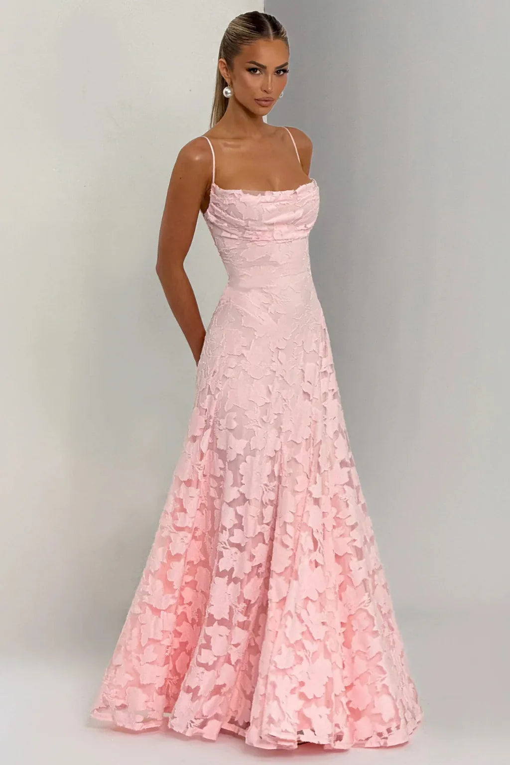 Ava | Lace Up Floral Brocade Wedding Guest Maxi Dress with Cami Straps Back