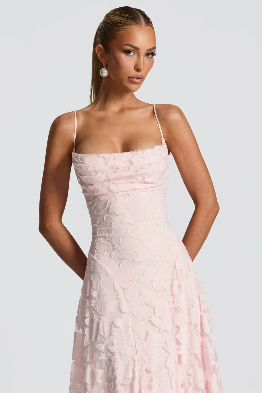 Ava | Lace Up Floral Brocade Wedding Guest Maxi Dress with Cami Straps Back