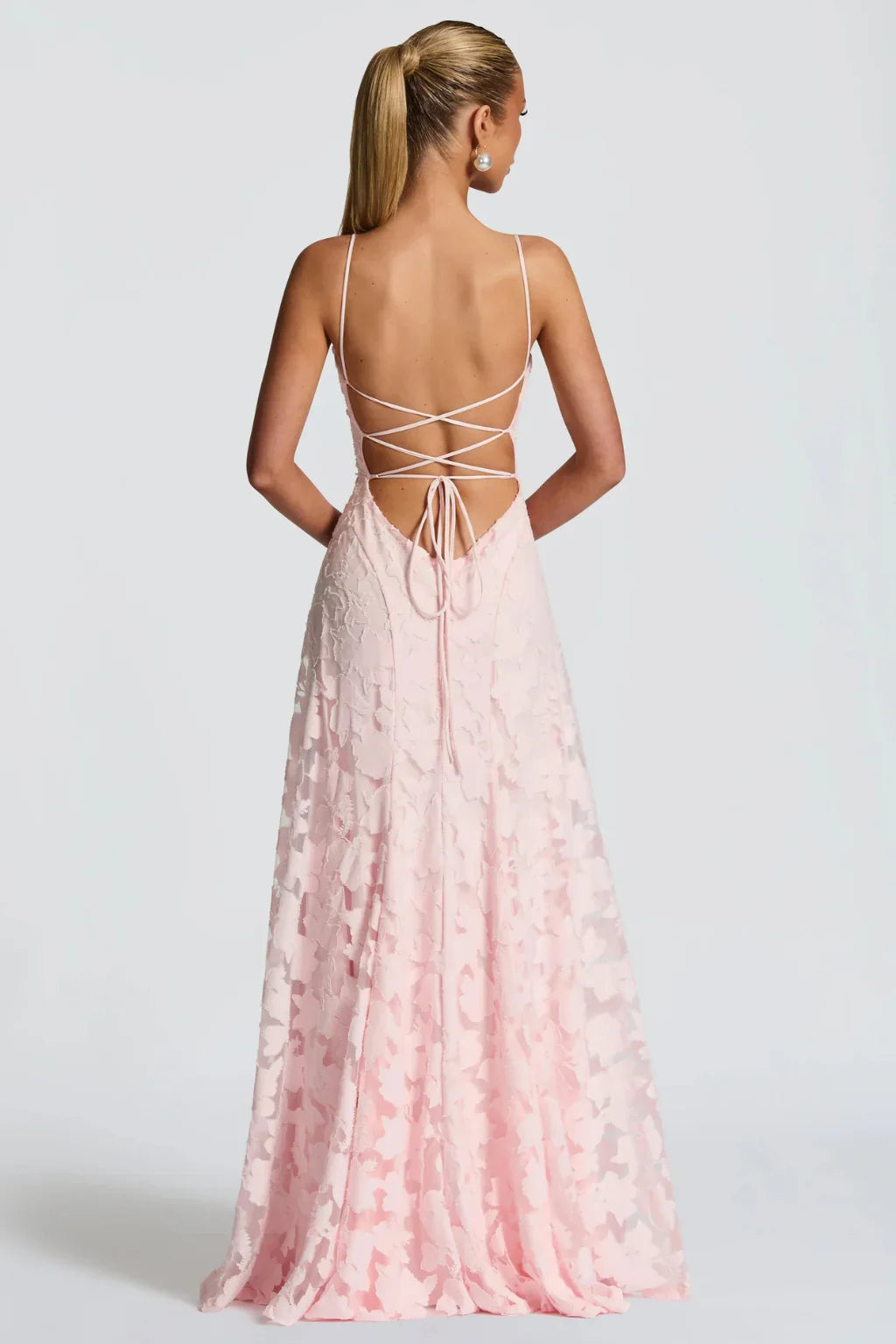 Ava | Lace Up Floral Brocade Wedding Guest Maxi Dress with Cami Straps Back