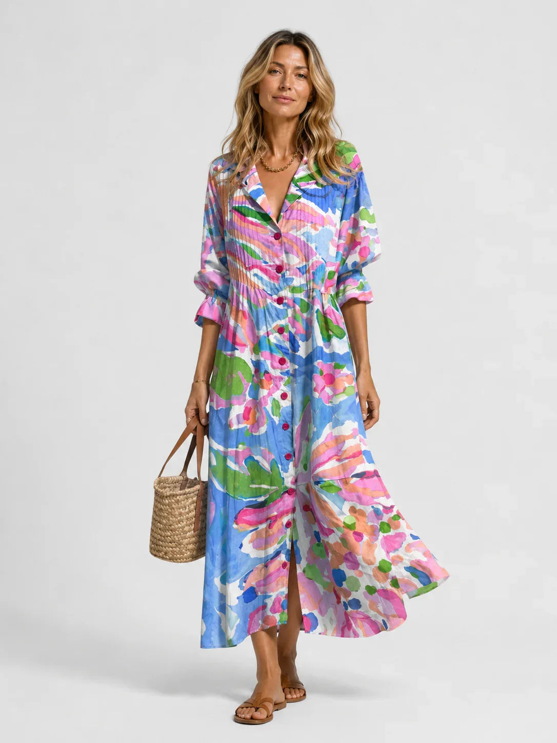 Ava | Printed Floral Sundress with Button Front and Tie Waist