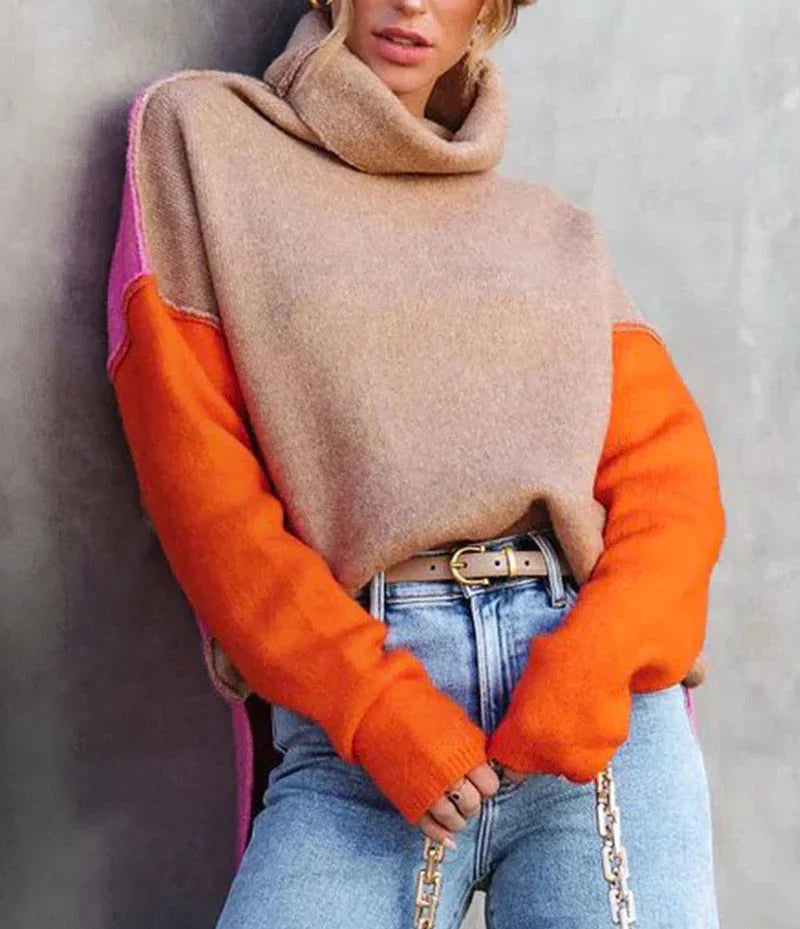 Ava | Women's Color Block Cowl Neck Sweater with Long Sleeves