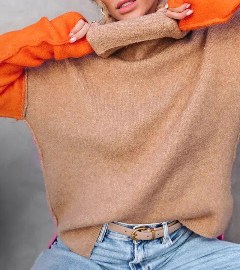 Ava | Women's Color Block Cowl Neck Sweater with Long Sleeves