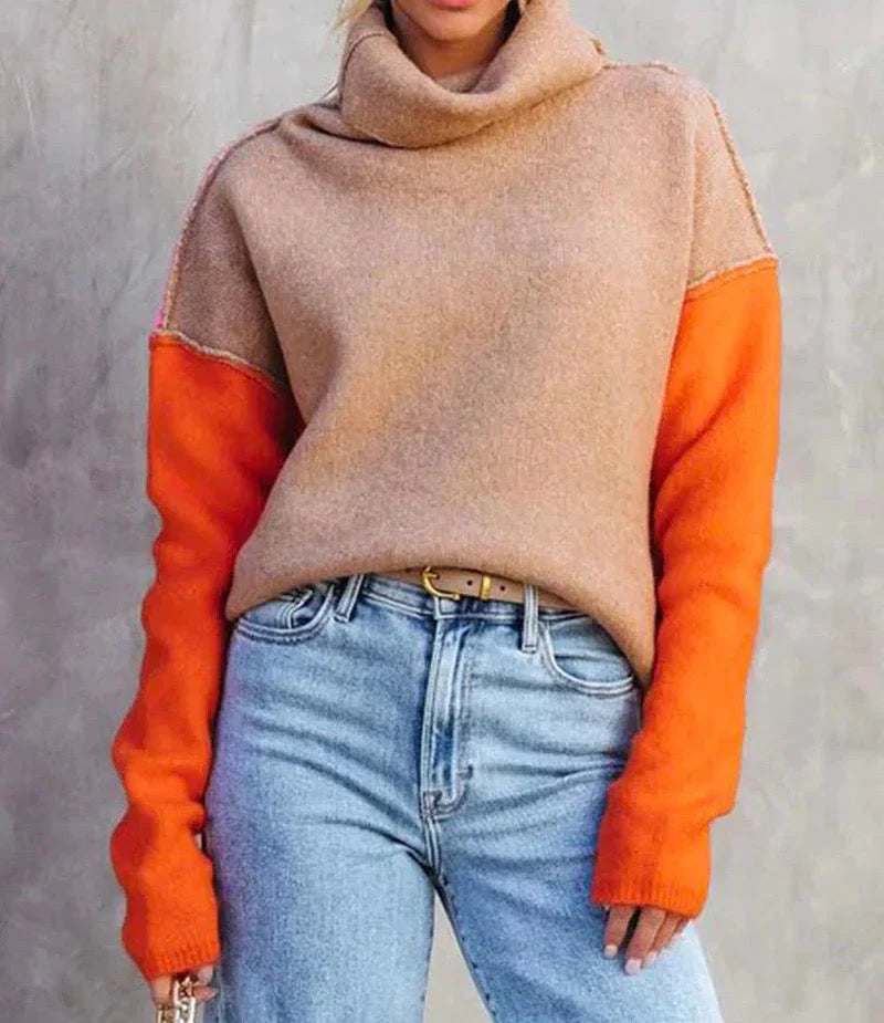 Ava | Women's Color Block Cowl Neck Sweater with Long Sleeves