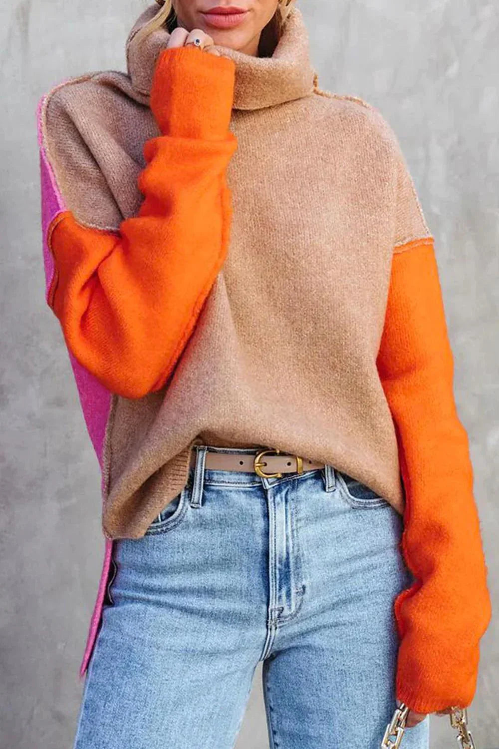 Ava | Women's Color Block Cowl Neck Sweater with Long Sleeves