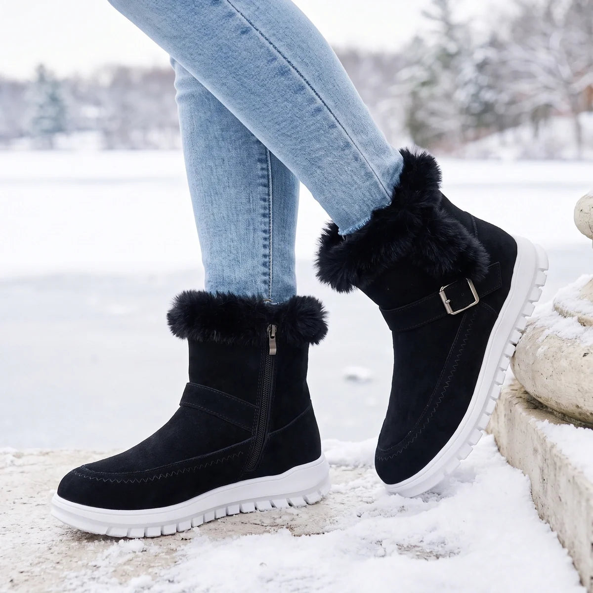 Avelina Vegan Suede Fur Trim Sneaker Sole Boots