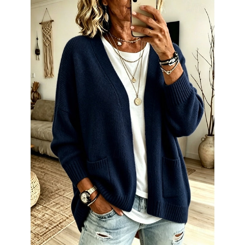 Women's Open-Front Cardigan with Ribbed Cuffs and Pockets