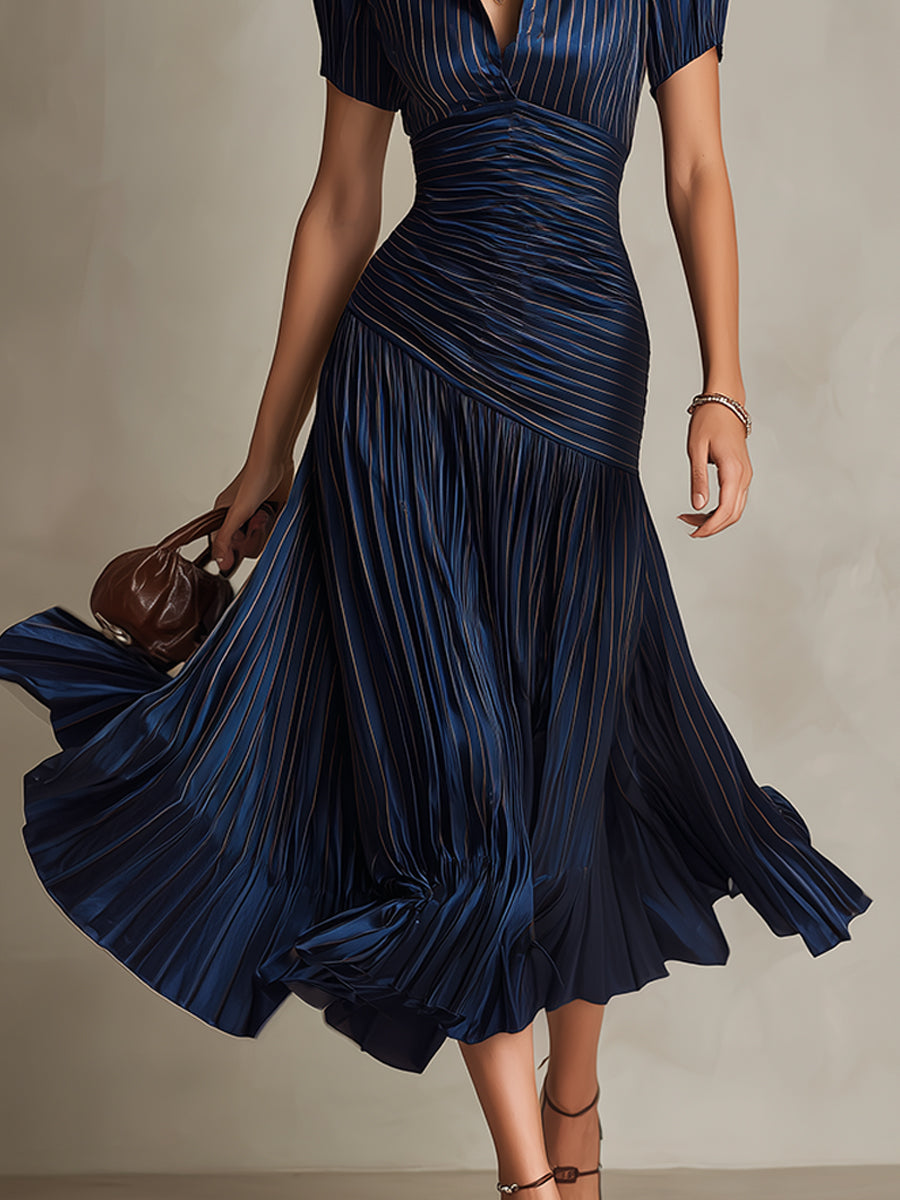 Adriana | Retro Striped Midi Satin Dress