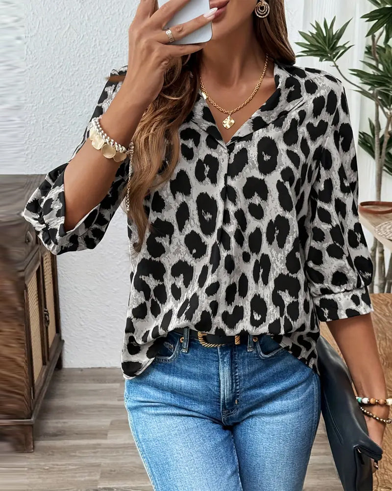 Women's Leopard Print Blouse, V-Neck, 3/4 Sleeves, Loose
