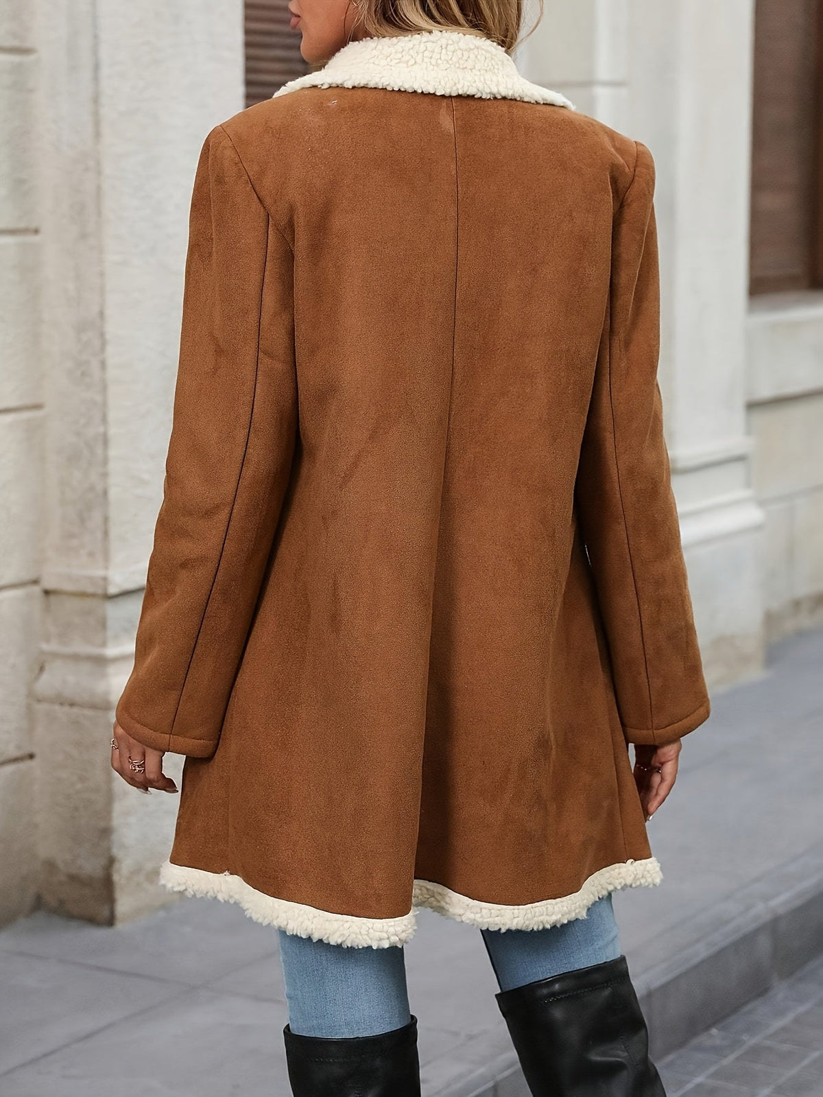 Women's Faux Shearling Winter Coat Brown Double Breasted Notch Lapel