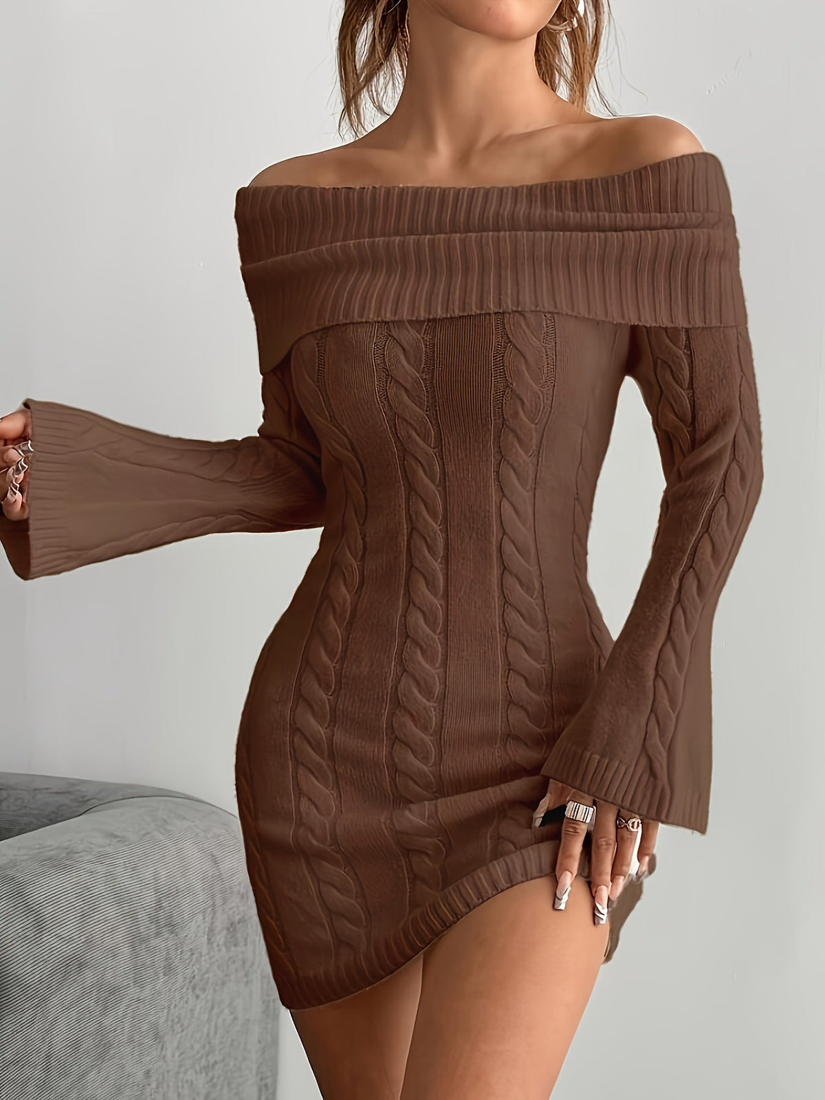 Women's Off Shoulder Knit Dress in Cable Texture | Foldover Collar and Flared Sleeves | Sizes S-2XL, 5 Colors