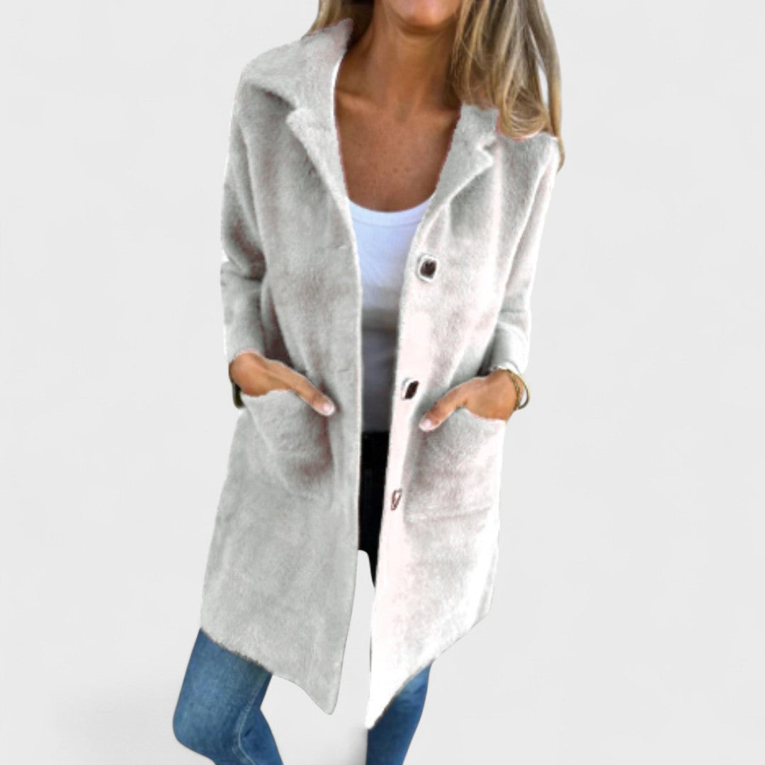 Women's Longline Button Coat, Notched Lapels, Front Pockets