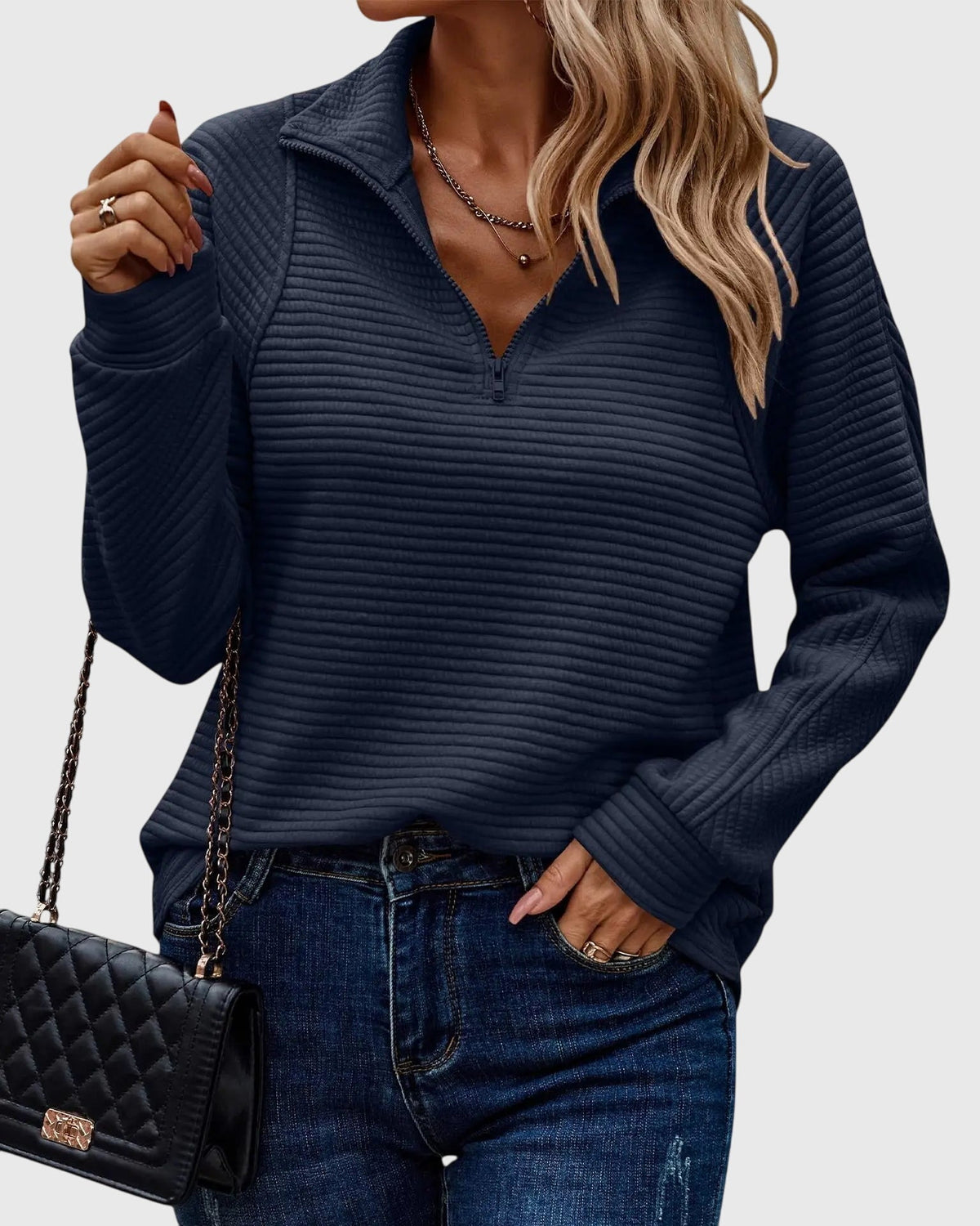 Women's Sweater with V-Neck and Zip Closure | Size S-2XL | Pink, White, Grey, Black, Maroon, Dark Blue