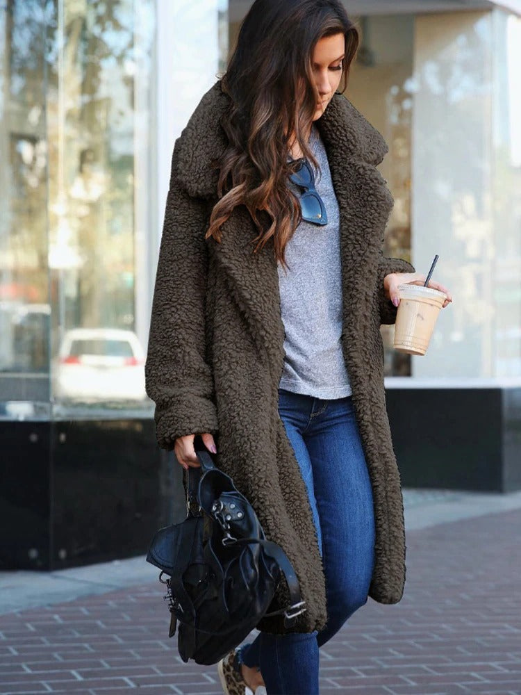 Sandra | Womens Long Teddy Coat in Soft Fleece | Long Length for Cold Days | Apricot, Black, Dark Gray and More S-3XL