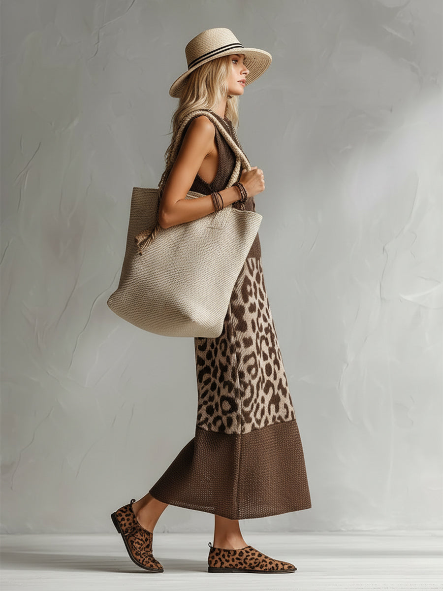 Women's Maxi Knit Dress with Leopard Print Skirt | Ribbed High Neck Bodice, Sleeveless | Sizes XS-2XL in Brown