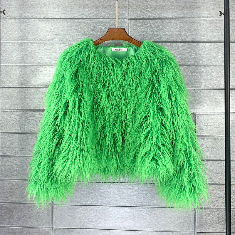 Women's Shaggy Faux Fur Jacket Round Neck Long Sleeve