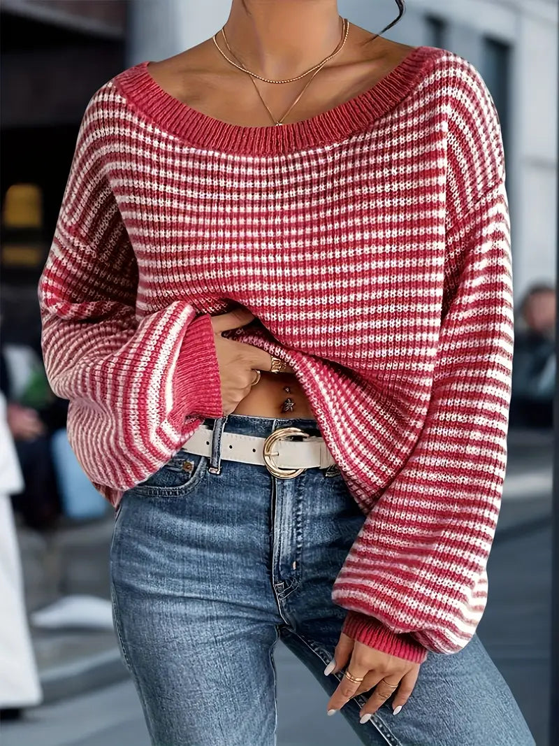 Women's Striped Knit Jumper, Crew Neck, Long Sleeves