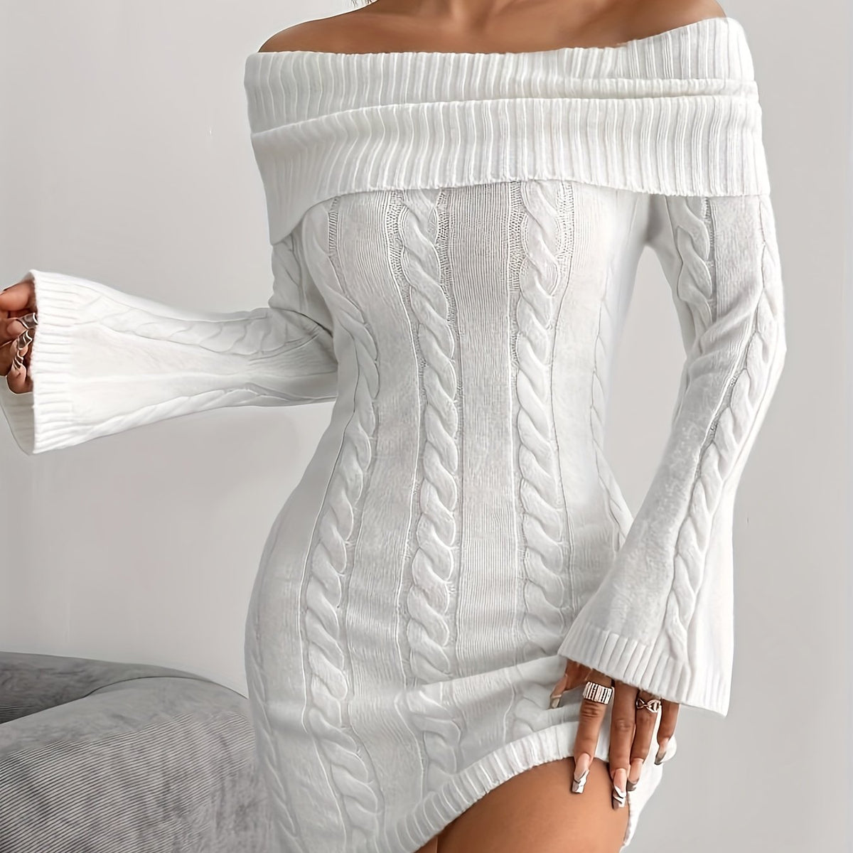 Women's Off Shoulder Knit Dress in Cable Texture | Foldover Collar and Flared Sleeves | Sizes S-2XL, 5 Colors
