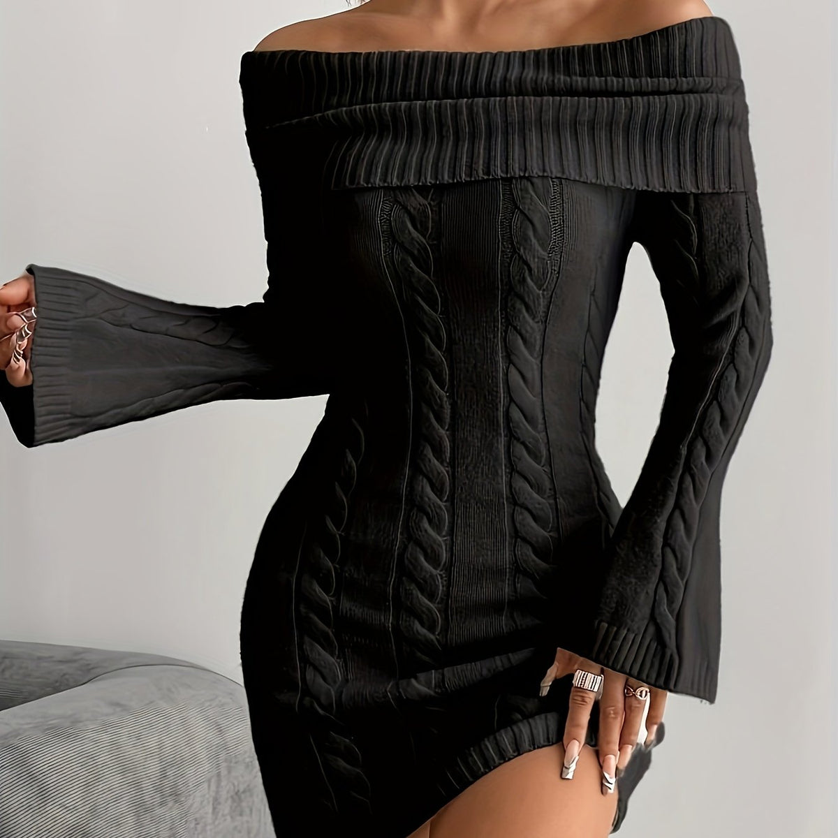Women's Off Shoulder Knit Dress in Cable Texture | Foldover Collar and Flared Sleeves | Sizes S-2XL, 5 Colors