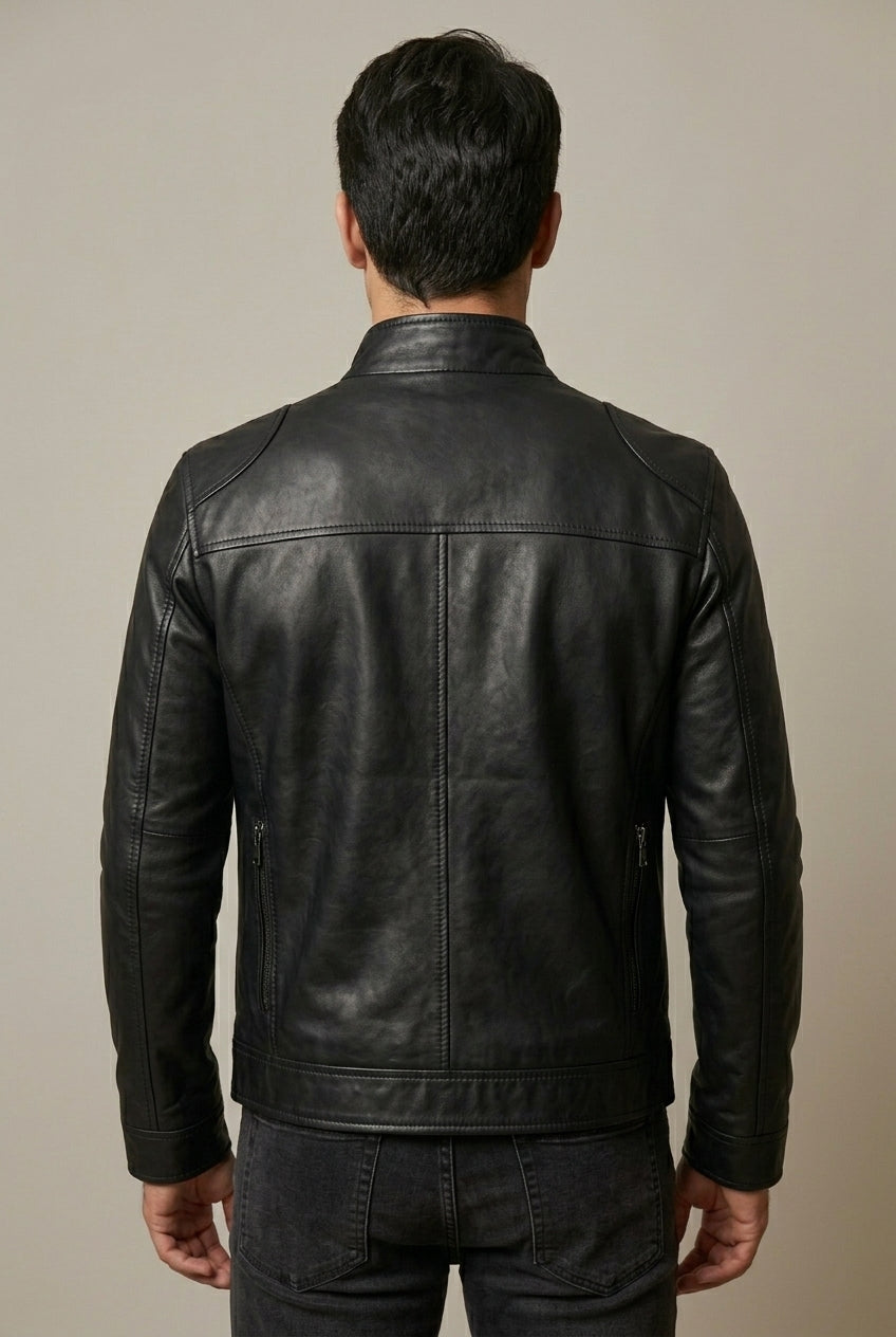 Jon | Mens Leather Jacket with Stand Collar | Quilted Shoulders, Zip Pockets, Slim Fit | Black, Camel, Red S-5XL