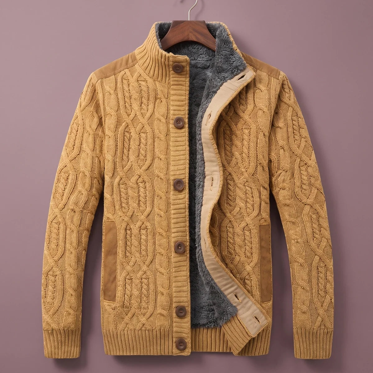 Barnabas Sherpa Lined Cable Knit Stand Collar Cardigan