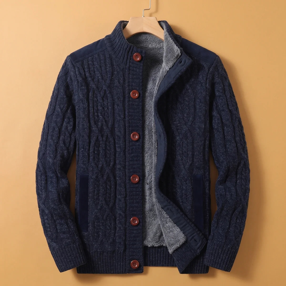 Barnabas Sherpa Lined Cable Knit Stand Collar Cardigan
