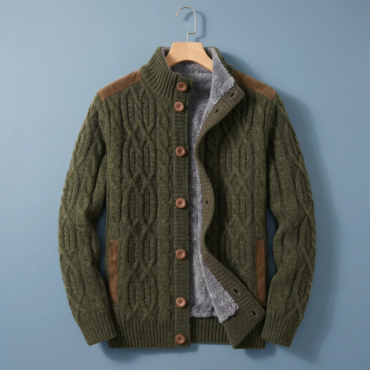 Barnabas Sherpa Lined Cable Knit Stand Collar Cardigan