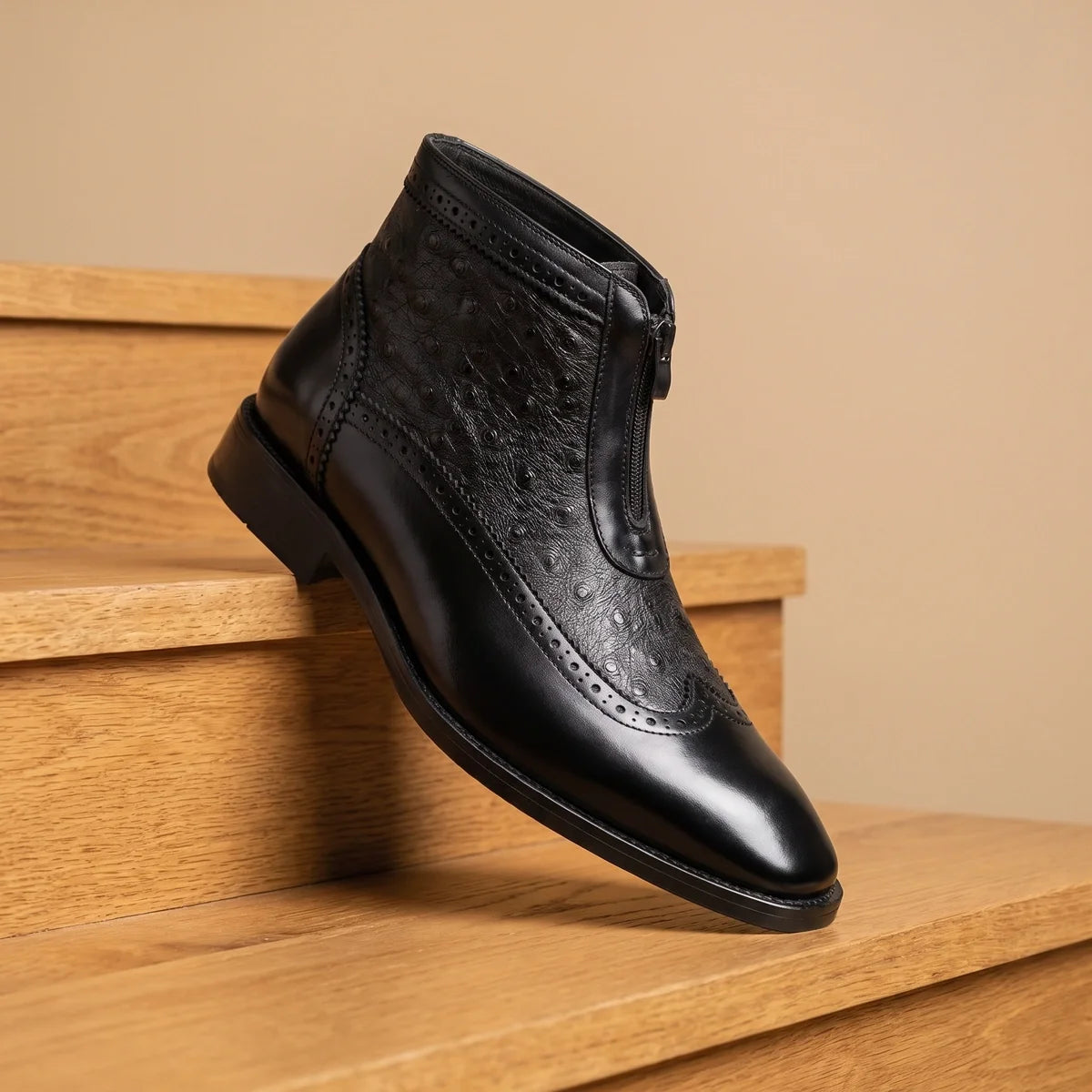 Barnard Wingtip Ostrich Leather Zip Ankle Boots