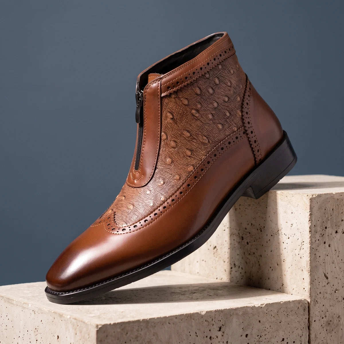 Barnard Wingtip Ostrich Leather Zip Ankle Boots