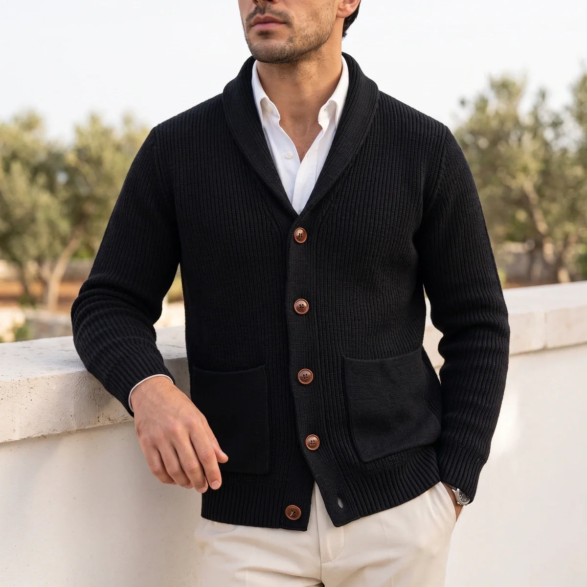 Basil Waffle Knit Shawl Collar Patch Pocket Cardigan