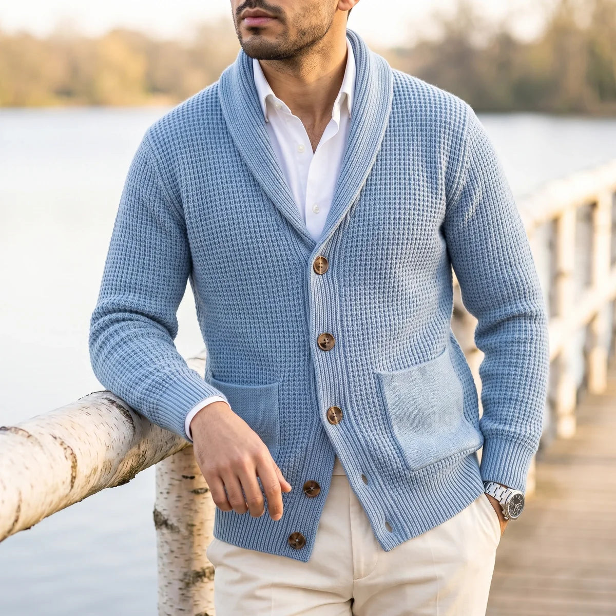 Basil Waffle Knit Shawl Collar Patch Pocket Cardigan