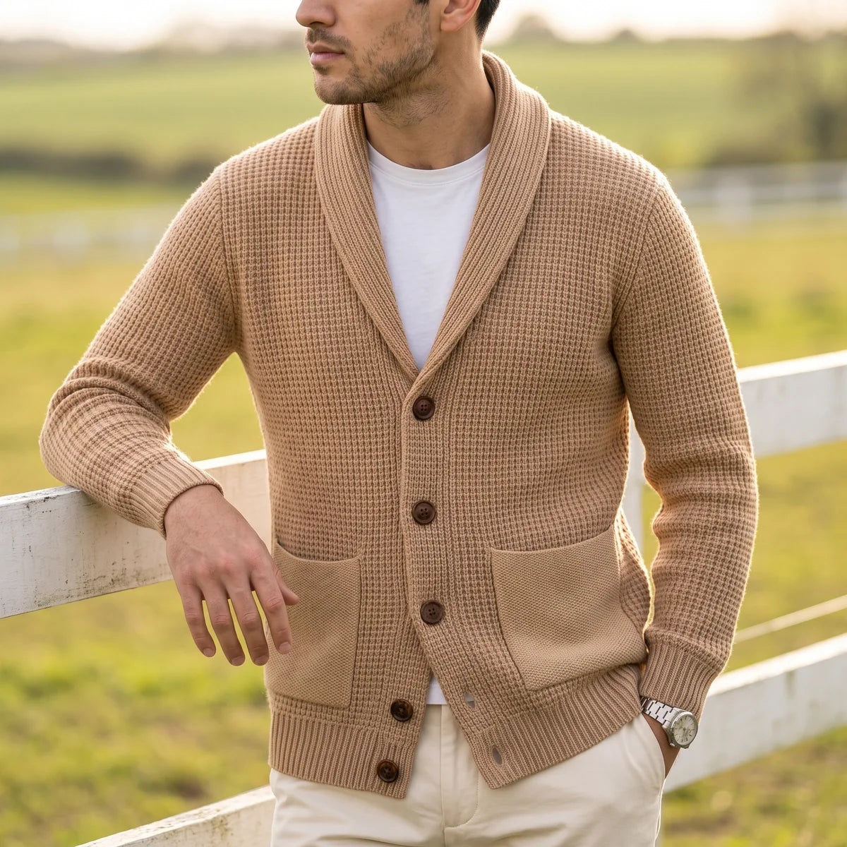 Basil Waffle Knit Shawl Collar Patch Pocket Cardigan