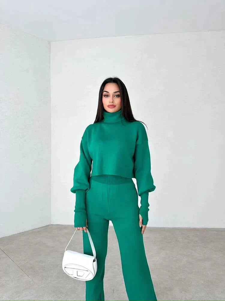Women's Turtleneck Sweater Set with Relaxed Trousers