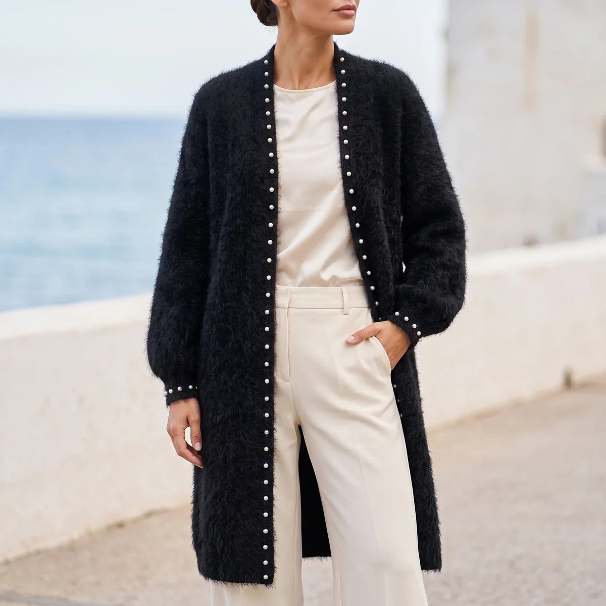 Beata Cashmere Blend Pearl Edge Open Cardigan