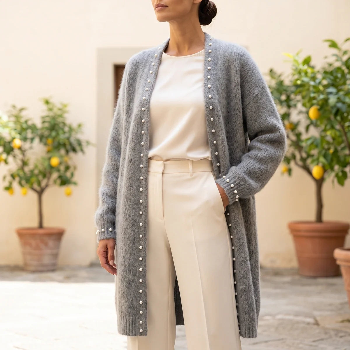 Beata Cashmere Blend Pearl Edge Open Cardigan