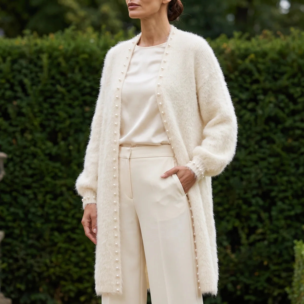 Beata Cashmere Blend Pearl Edge Open Cardigan