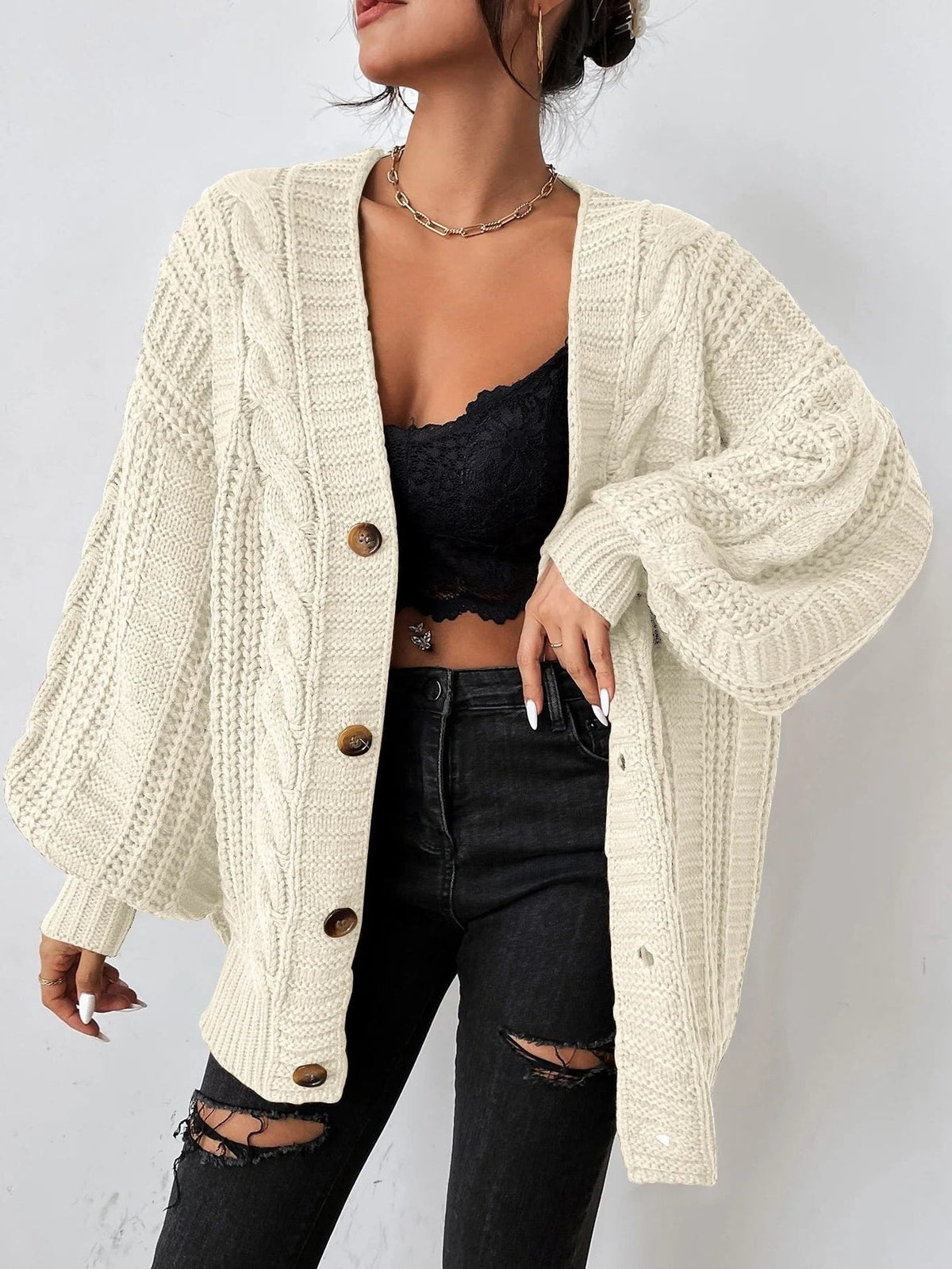 Beatrice | Cable Knit Oversized Cardigan with Button-Up for Women