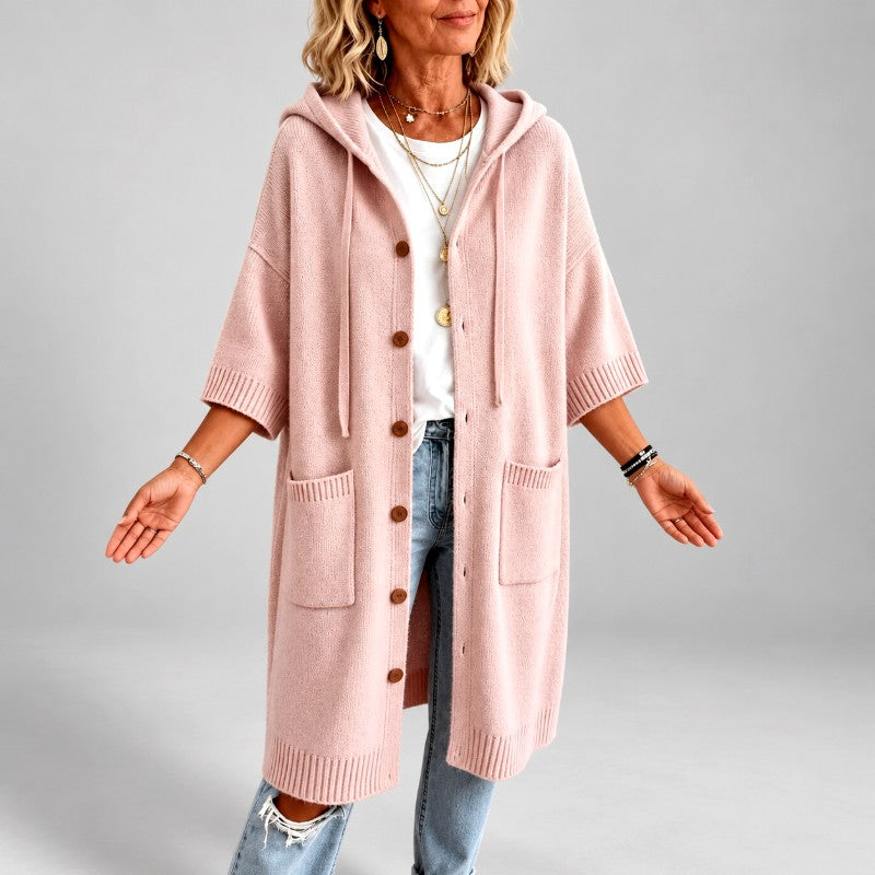Berenice - Women’s Long Hooded Button Front Knit Cardigan