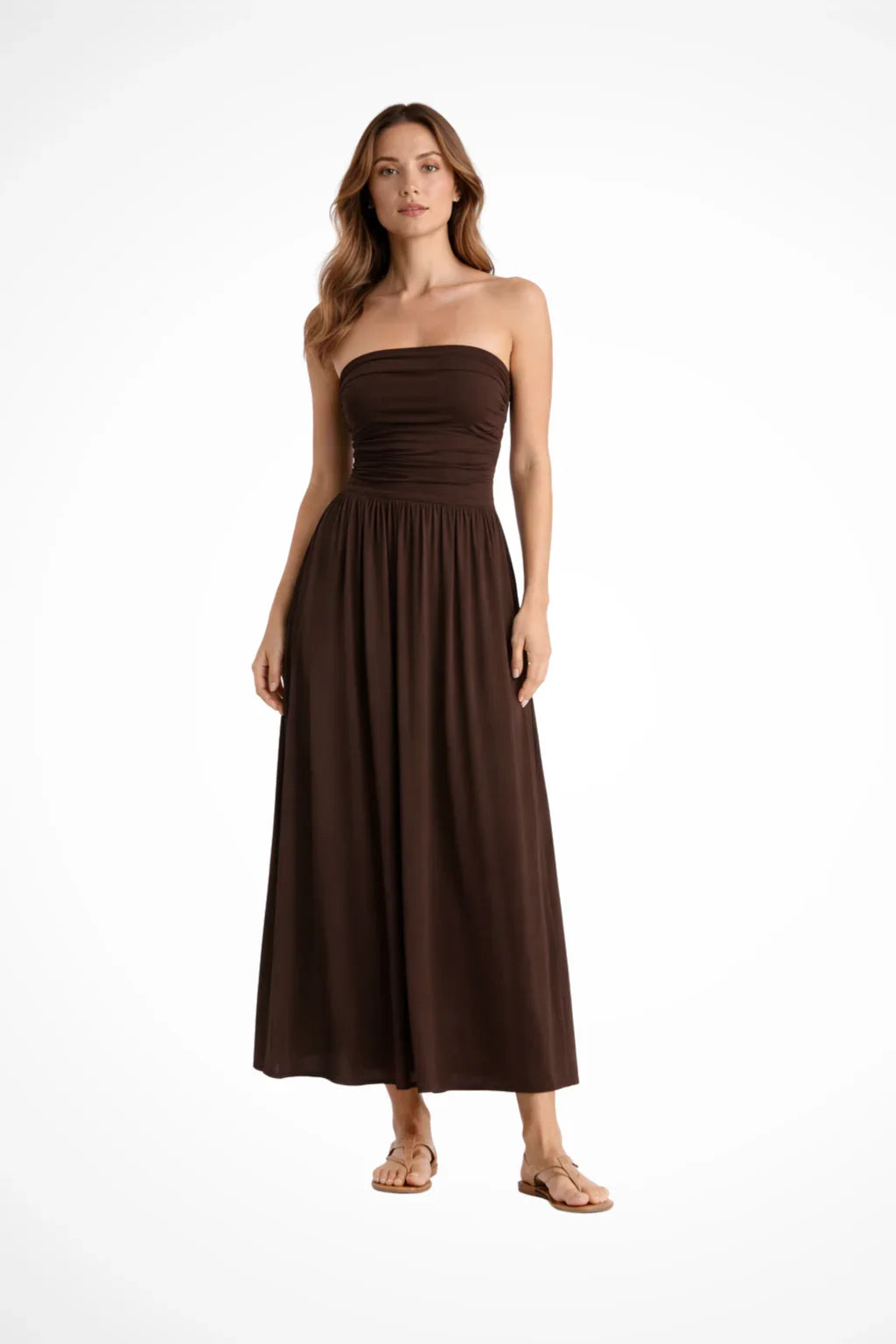 Beryl | Women's Brown Strapless Sundress with Gathered Bodice