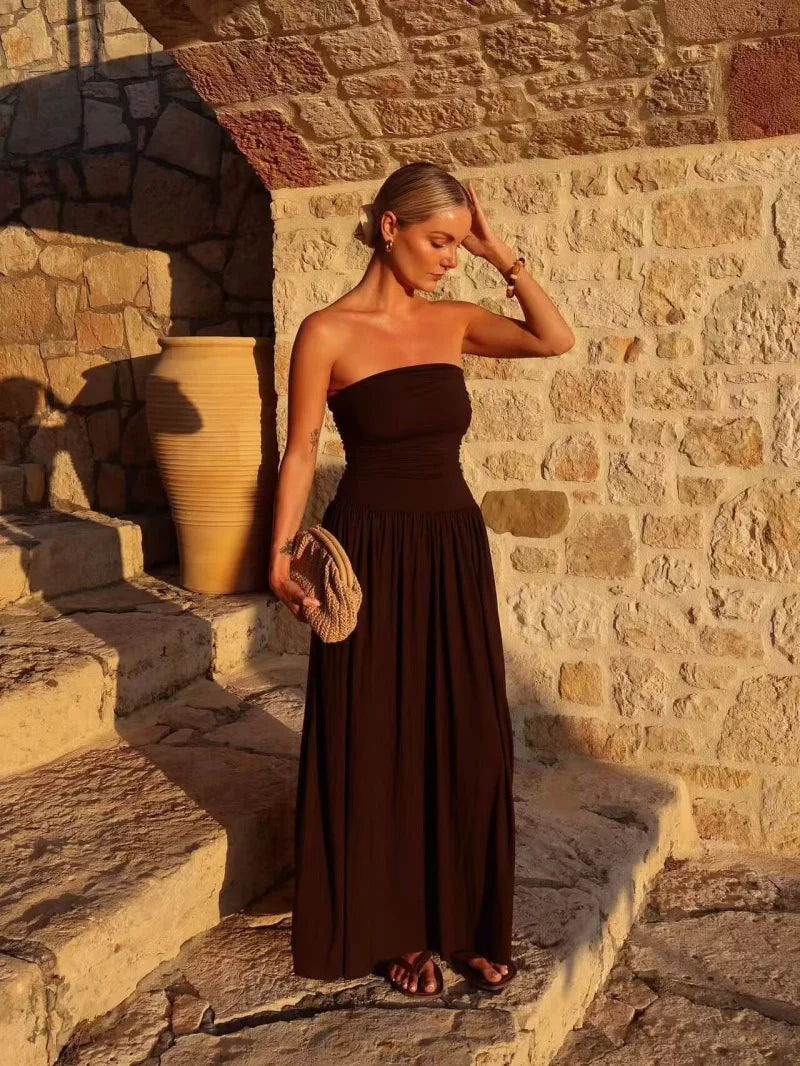 Beryl | Women's Brown Strapless Sundress with Gathered Bodice